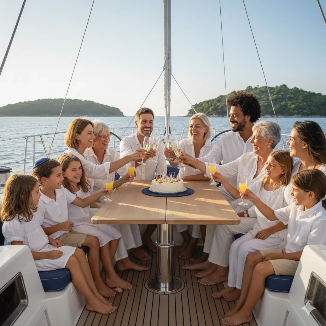 משפחה גדולה חוגגת עם עוגה ושמפניה על יאכטה בחיפה