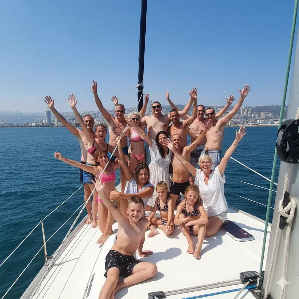 קבוצה גדולה של אנשים וילדים מנופפים לשלום על סיפון יאכטה בחיפה