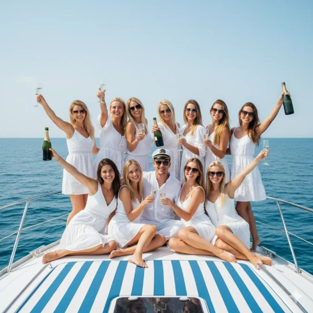 קבוצה חברות חוגגת מסיבת רווקות מול ערים מים בחיפה על יאכטה