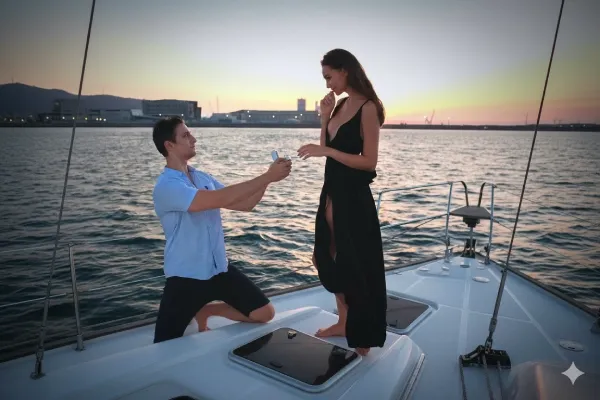גבר כורע ברך ומציע נישואים על סיפון יאכטה בשקיעה בחיפה