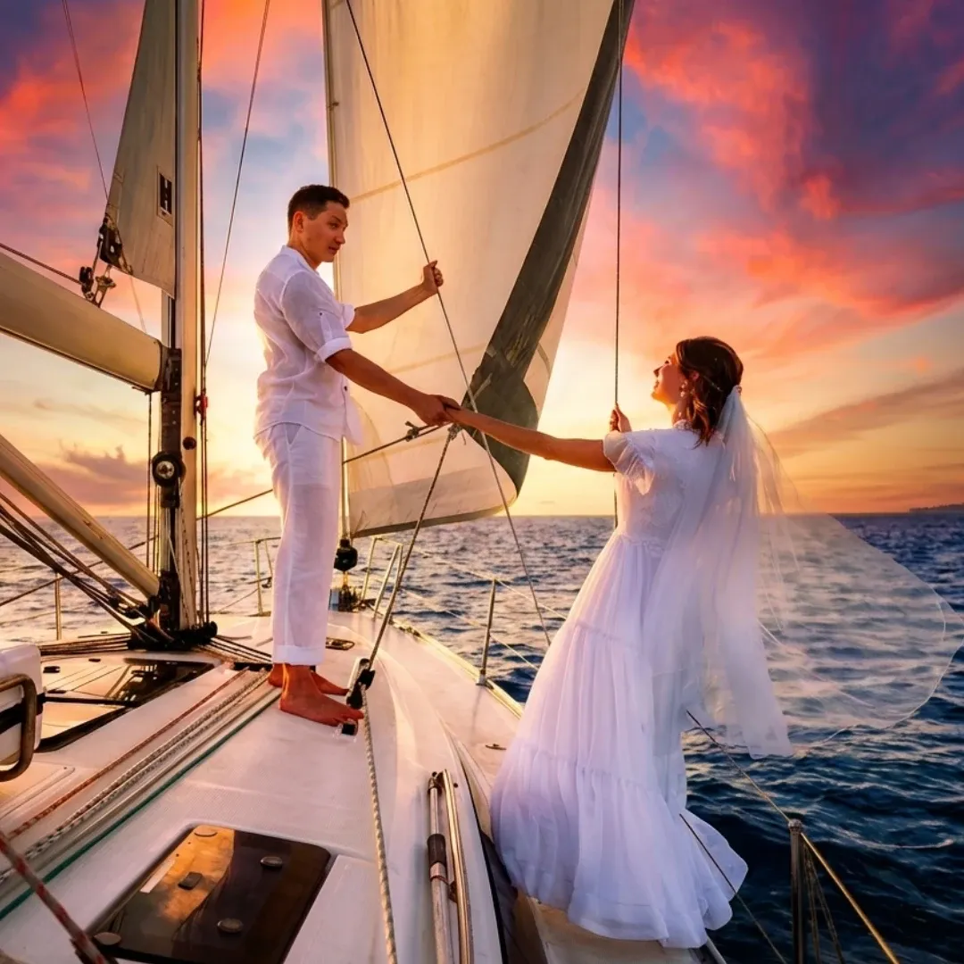 זוג בהפגנת אהבה על יאכטה בזמן שקיעה רומנטית בהרצליה